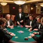 cm88 players engaging in a strategic poker game at an upscale casino table under warm ambient lighting