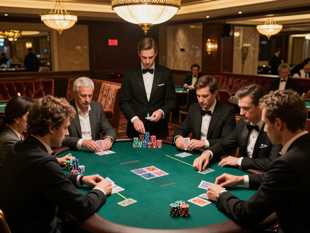 cm88 players engaging in a strategic poker game at an upscale casino table under warm ambient lighting