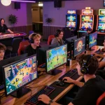 Engaged gamers enjoying various Hitclub games in a modern online gaming lounge.