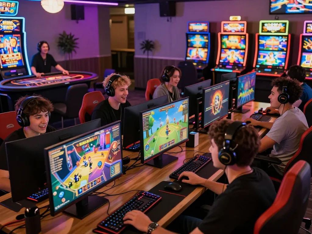 Engaged gamers enjoying various Hitclub games in a modern online gaming lounge.