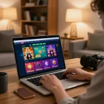 Person engaging in online gambling at alo8 with a laptop in a cozy living room setting.