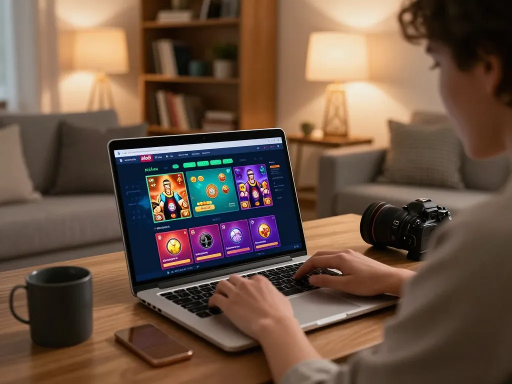 Person engaging in online gambling at alo8 with a laptop in a cozy living room setting.