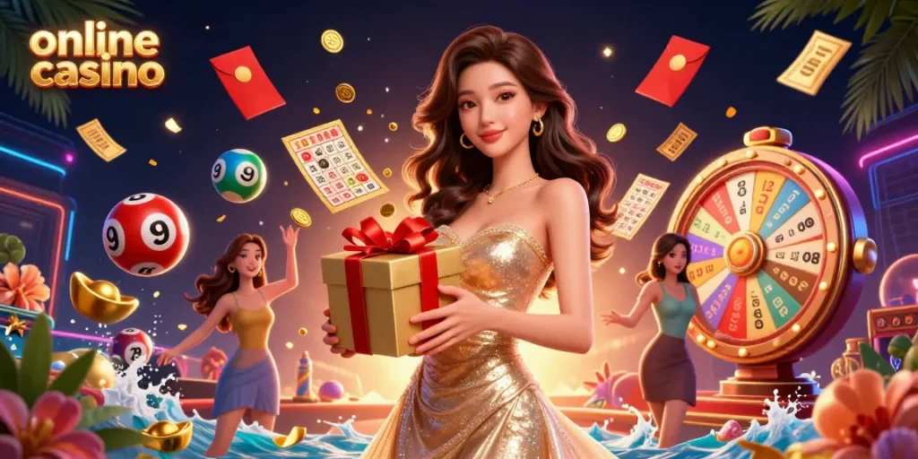 Engage with the festive online casino atmosphere featuring a woman presenting a golden coin-filled gift box amidst vibrant gaming elements.