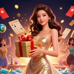 Engage with the festive online casino atmosphere featuring a woman presenting a golden coin-filled gift box amidst vibrant gaming elements.