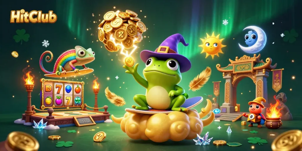 Experience excitement at HitClub with a vibrant 3D scene of a wizard frog and chameleon amidst golden coins.