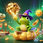 Experience excitement at HitClub with a vibrant 3D scene of a wizard frog and chameleon amidst golden coins.