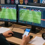 Xoilac bettors analyzing odds while watching live football matches on multiple screens.