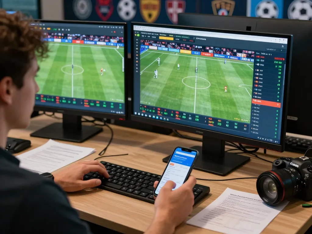 Xoilac bettors analyzing odds while watching live football matches on multiple screens.
