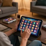 Vua88 online gaming fun as a player engages with slot game interface on a tablet at home.