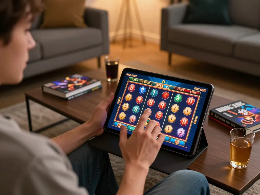 Vua88 online gaming fun as a player engages with slot game interface on a tablet at home.
