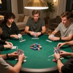 GEM88 players strategizing during an engaging poker night at home, highlighting friendly competition and immersive gameplay