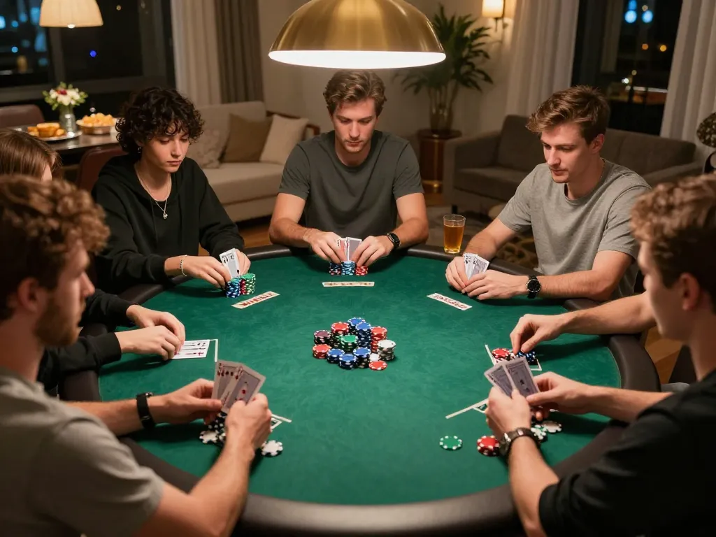 GEM88 players strategizing during an engaging poker night at home, highlighting friendly competition and immersive gameplay
