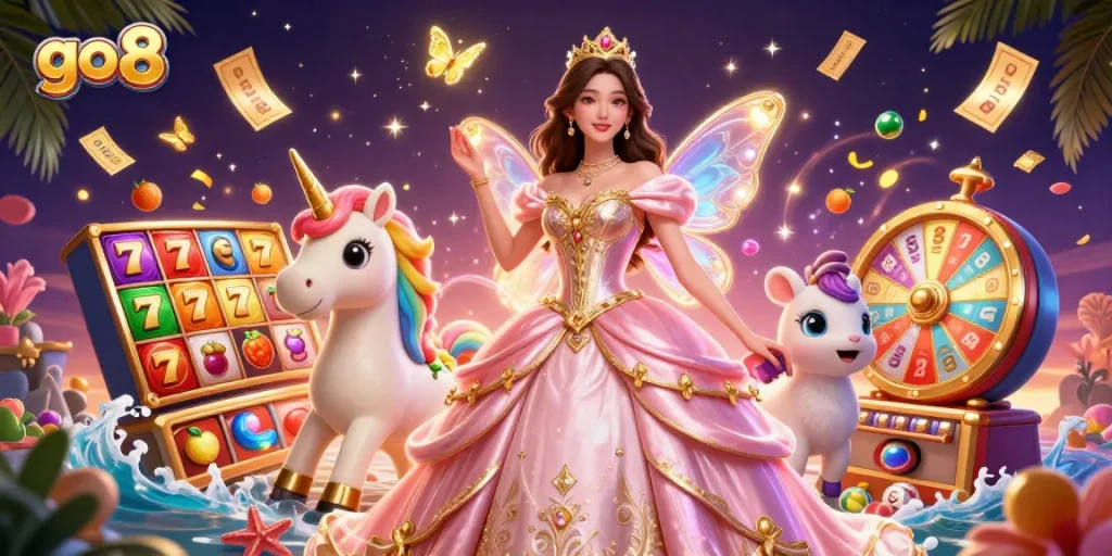 Experience excitement with go8's vibrant slots and lottery elements in a magical 3D casino scene.