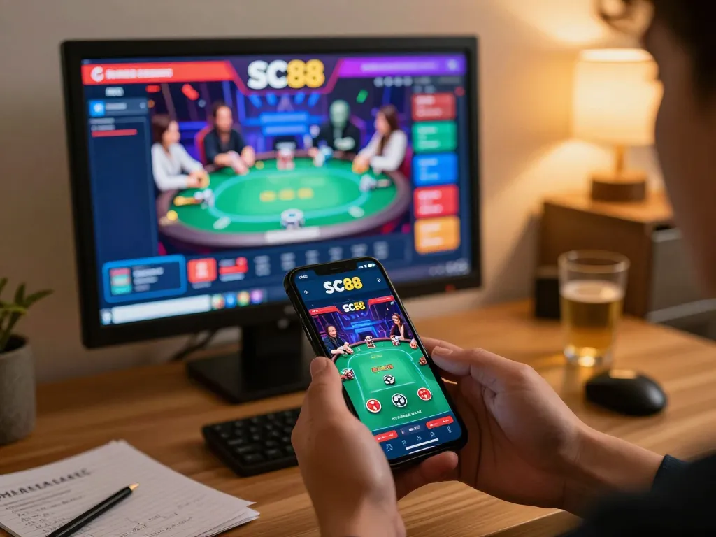 SC88 online betting experience showcasing user engaging with poker game on smartphone.