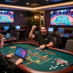 VA88 players celebrating a win at a live dealer table, showcasing dynamic online gaming action.