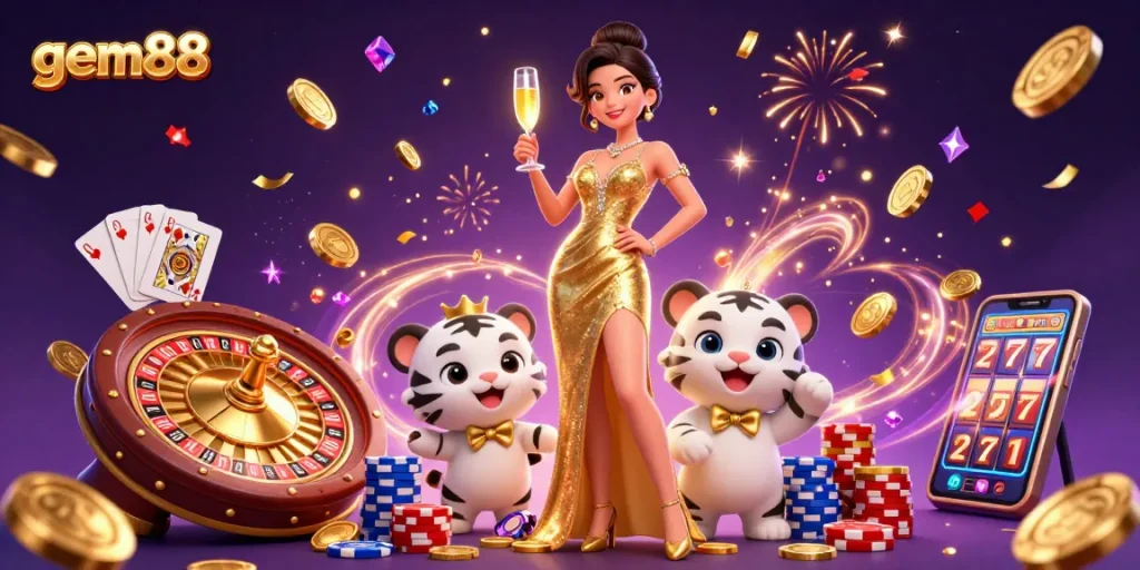 gem88 casino scene featuring a glamorous woman, lucky tiger cub, and dynamic casino elements.