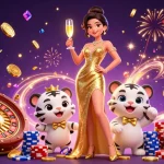 gem88 casino scene featuring a glamorous woman, lucky tiger cub, and dynamic casino elements.