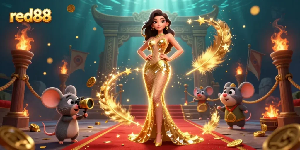 Bet on red88 with a stunning woman in a golden gown as a 3D cartoon mouse captures the moment