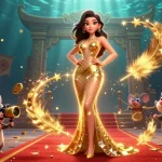 Bet on red88 with a stunning woman in a golden gown as a 3D cartoon mouse captures the moment