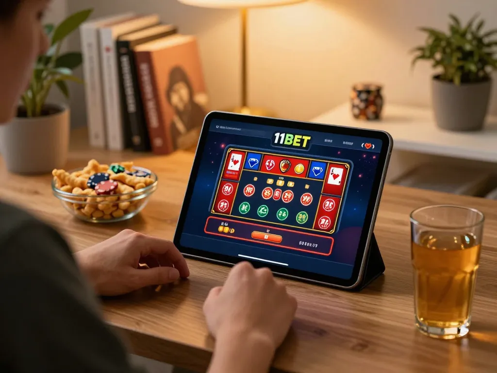 Engaging with the trang chủ 11BET online casino on a tablet in a cozy home environment