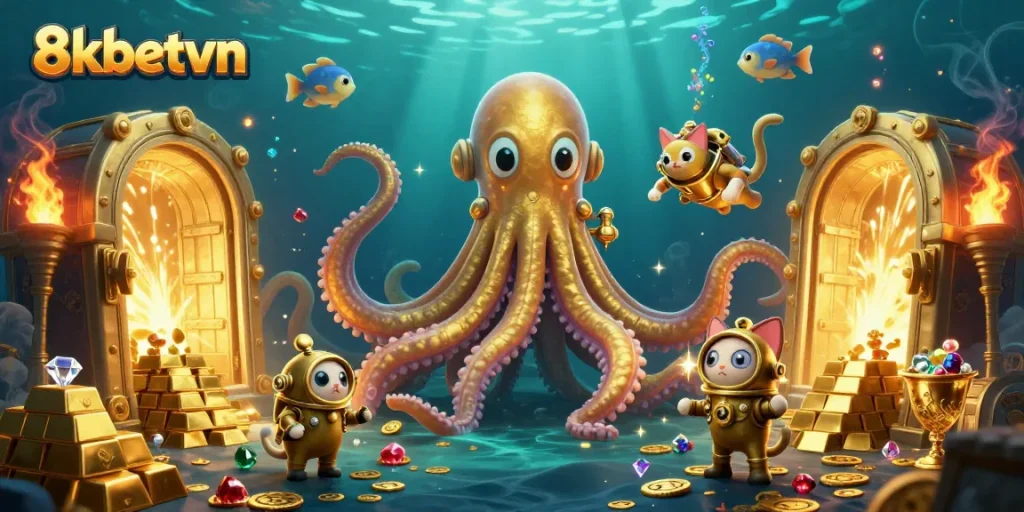 Engage with exciting gameplay at 8kbetvn featuring a kraken, diving cat, and underwater treasures.