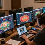 BOM88 user engaging with live casino games on multiple screens in a cozy home office setting