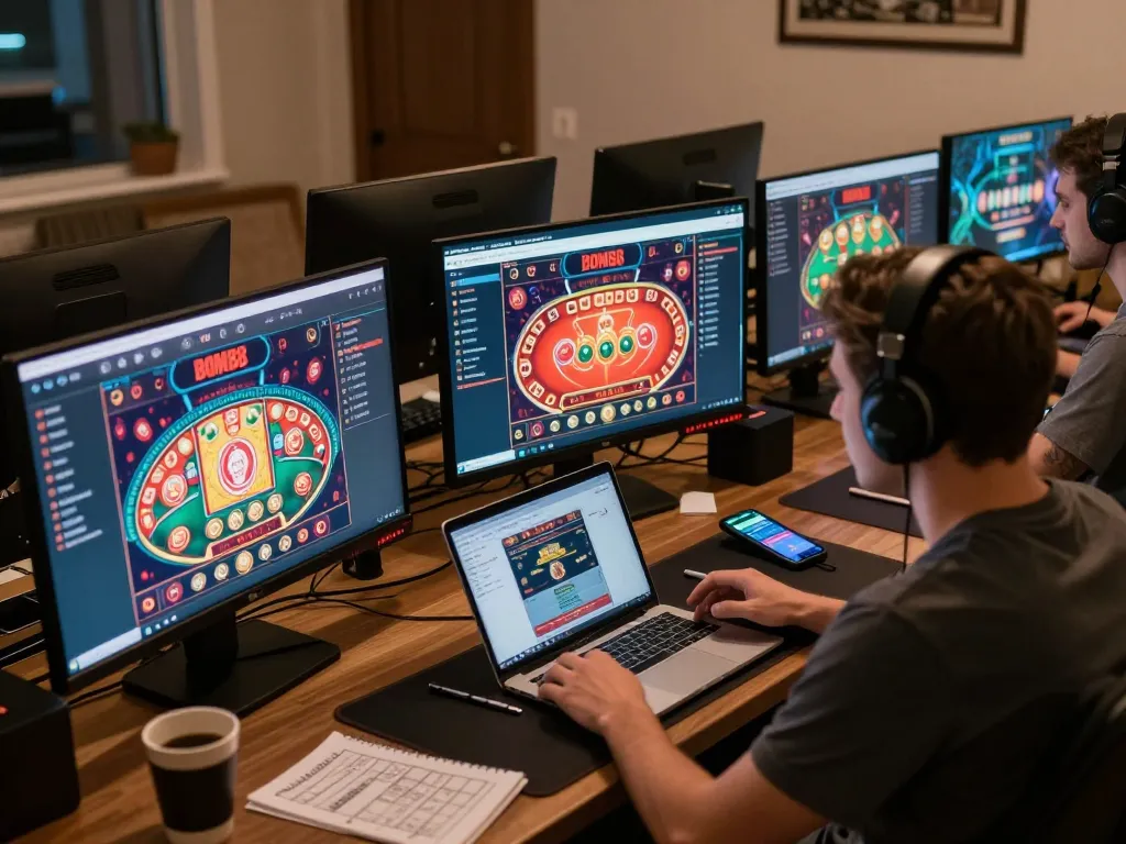 BOM88 user engaging with live casino games on multiple screens in a cozy home office setting