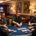 Players strategizing in poker game at cm88 casino lounge, showcasing intense focus and luxury atmosphere.