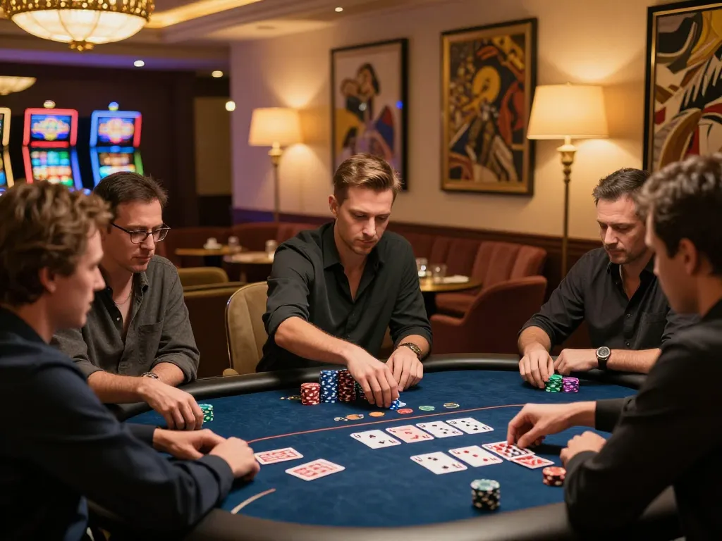 Players strategizing in poker game at cm88 casino lounge, showcasing intense focus and luxury atmosphere.