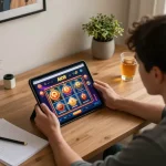 Player enjoying live casino action on alo8 from their cozy home office, showcasing responsible gaming.