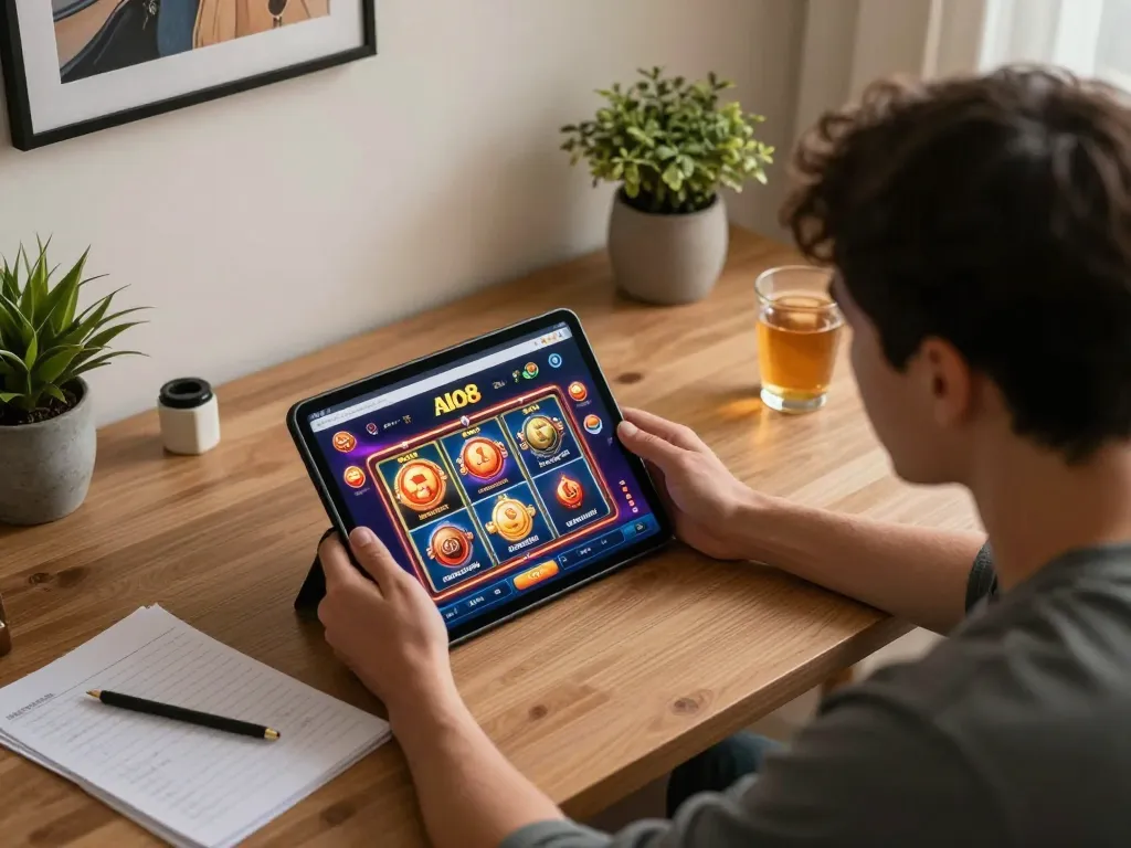 Player enjoying live casino action on alo8 from their cozy home office, showcasing responsible gaming.