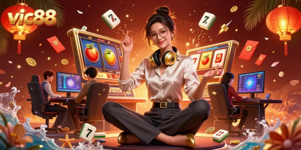 Experience high-stakes gaming with vic88 in a vibrant slot-filled casino scene.