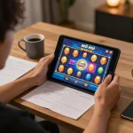Nổ hũ gameplay on tablet, showcasing colorful visuals and strategic notes.