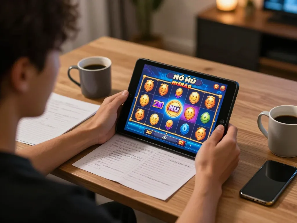 Nổ hũ gameplay on tablet, showcasing colorful visuals and strategic notes.