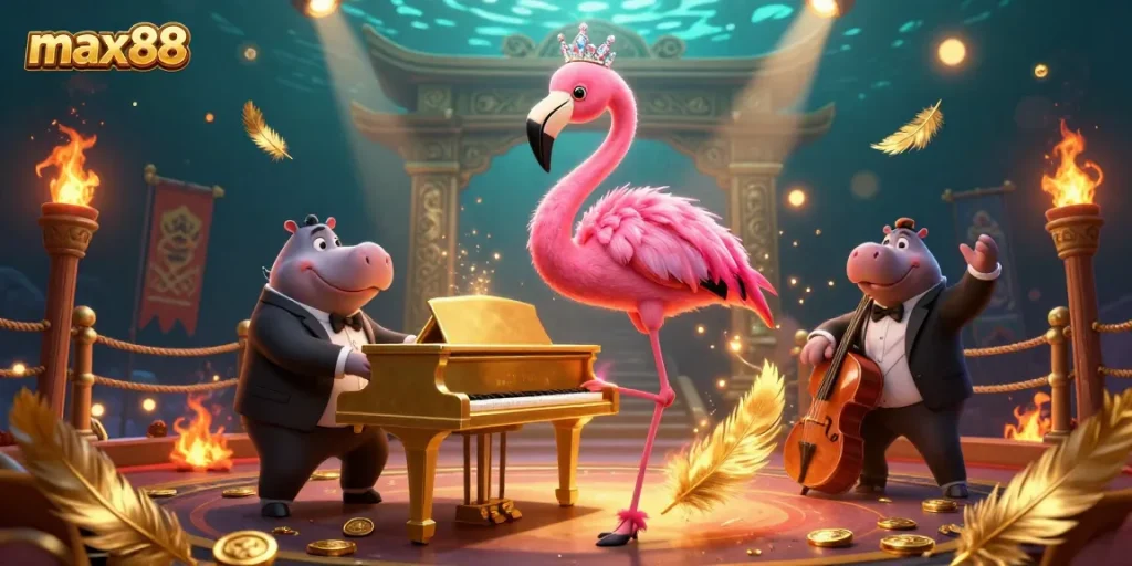 Experience thrilling gaming at max88 with a vibrant scene featuring a flamingo pianist and hippo bassist.
