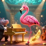 Experience thrilling gaming at max88 with a vibrant scene featuring a flamingo pianist and hippo bassist.