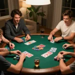 RR88 players enjoying a lively poker night with chips and cards laid out on the table.