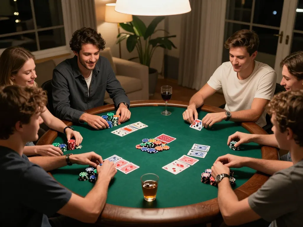 RR88 players enjoying a lively poker night with chips and cards laid out on the table.