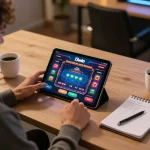 Player enjoying the 13win casino app on a tablet in a cozy home setting, showcasing strategic betting.