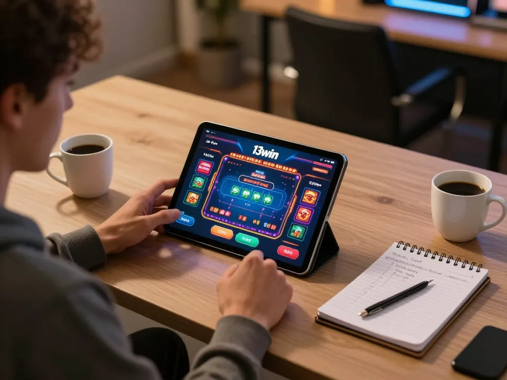 Player enjoying the 13win casino app on a tablet in a cozy home setting, showcasing strategic betting.
