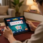 Gambling on jun88pl com with poker game interface displayed on tablet in cozy home setting.