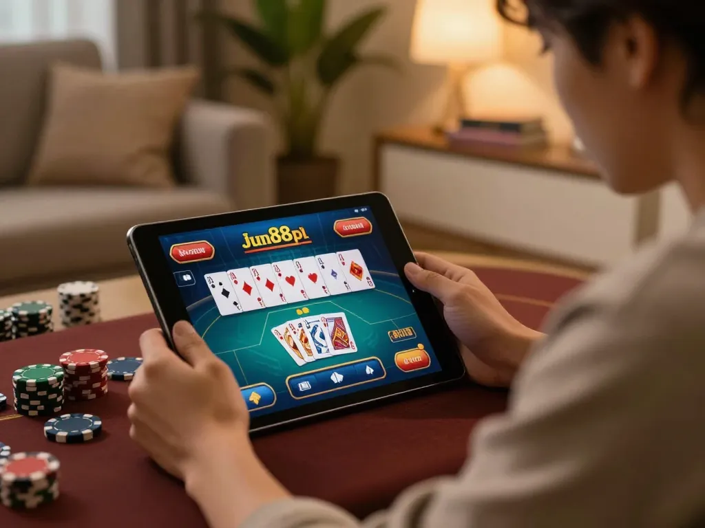 Gambling on jun88pl com with poker game interface displayed on tablet in cozy home setting.