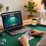 Engaging online poker game at alo8 center showing player focused on smartphone app.