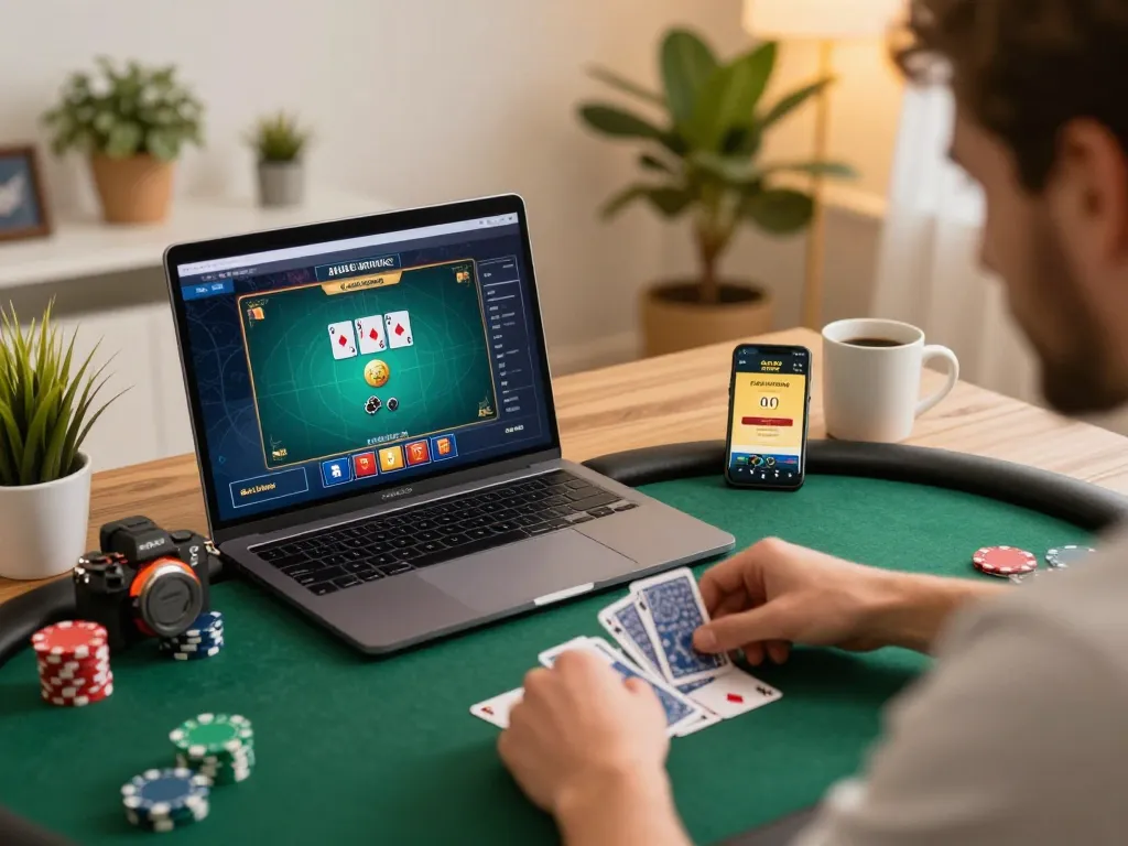 Engaging online poker game at alo8 center showing player focused on smartphone app.