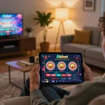 Engaging in thrilling online gameplay at 8kbet on a cozy sofa, showcasing the excitement of digital gambling