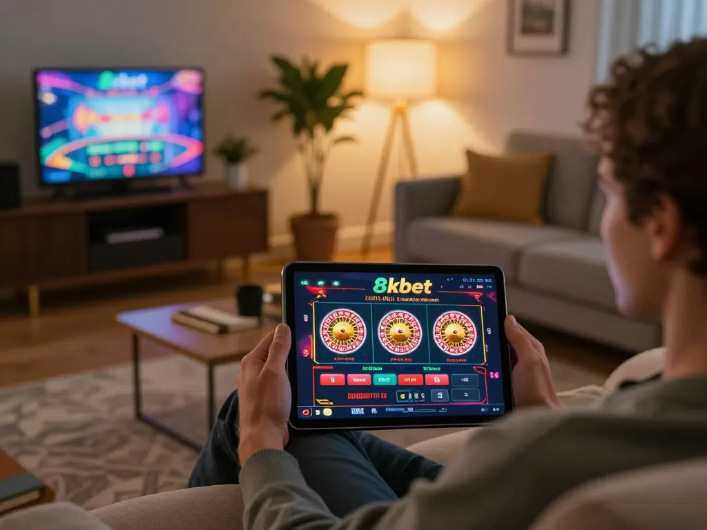 Engaging in thrilling online gameplay at 8kbet on a cozy sofa, showcasing the excitement of digital gambling