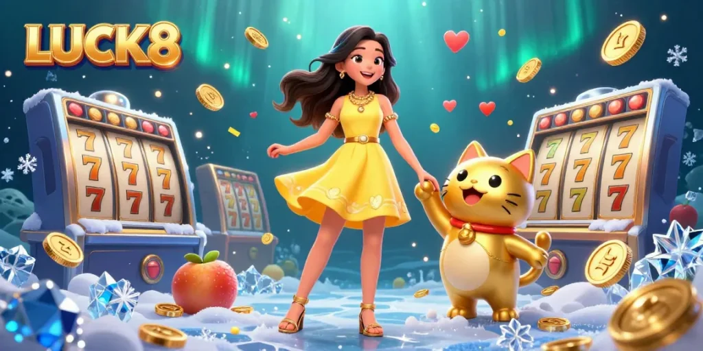 Win big at LUCK8 with vibrant slot reels and a cheerful mascot in this colorful illustration.