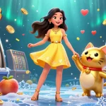 Win big at LUCK8 with vibrant slot reels and a cheerful mascot in this colorful illustration.