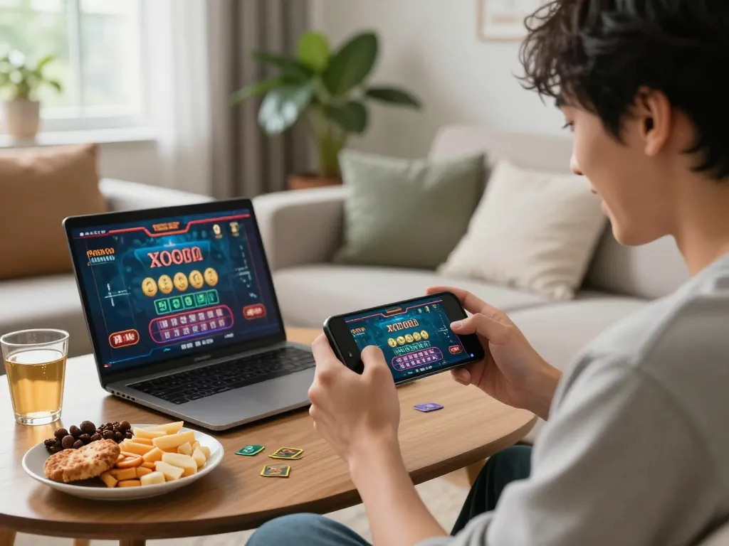 Xóc đĩa gameplay in a cozy home setup, highlighting personal engagement with mobile gaming.