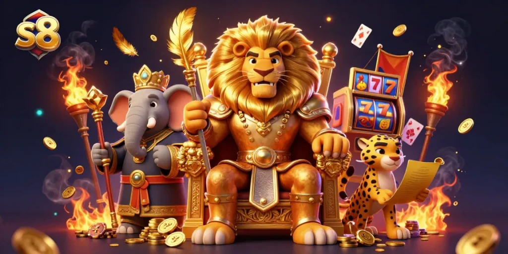 Experience the excitement of s8 casino with vibrant slot machines, golden coins, and dynamic characters.